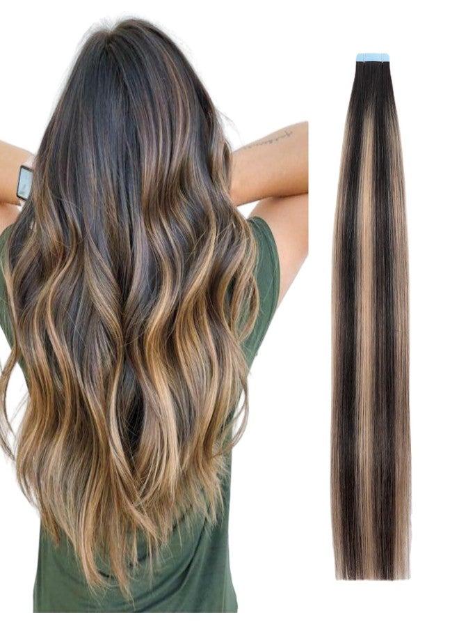 رينبوول وصلات شعر رينبول اللاصقة، شعر بشري ريمي طبيعي 100%، خصلات ناعمة مستقيمة من جلد البولي يوريثان، 14 بوصة، 40 غرام، 20 قطعة، لون بني داكن متدرج إلى أشقر كراميل بتقنية البالياج - Image 1